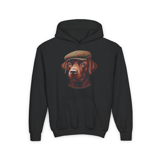 Brown Labrador With Tweed Flat Cap - Hooded Youth Sweatshirt
