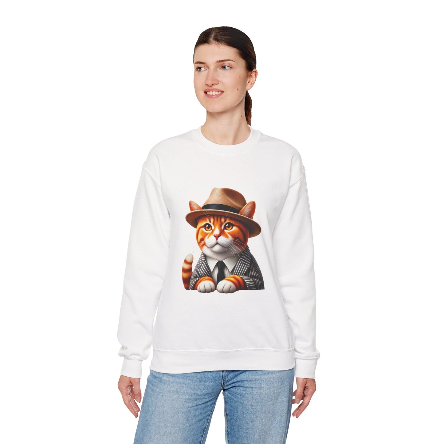 Tabby Cat in Fedora & Suit – Adult Unisex Crewneck Sweatshirt