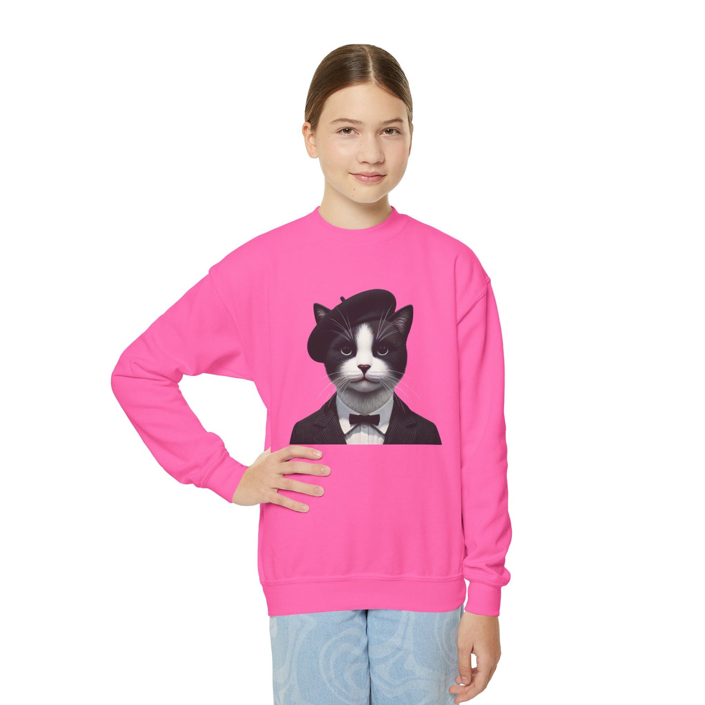 Tuxedo Cat Wearing A Tuxedo And A Beret - Youth Crewneck Sweatshirt - Too Cute Pets