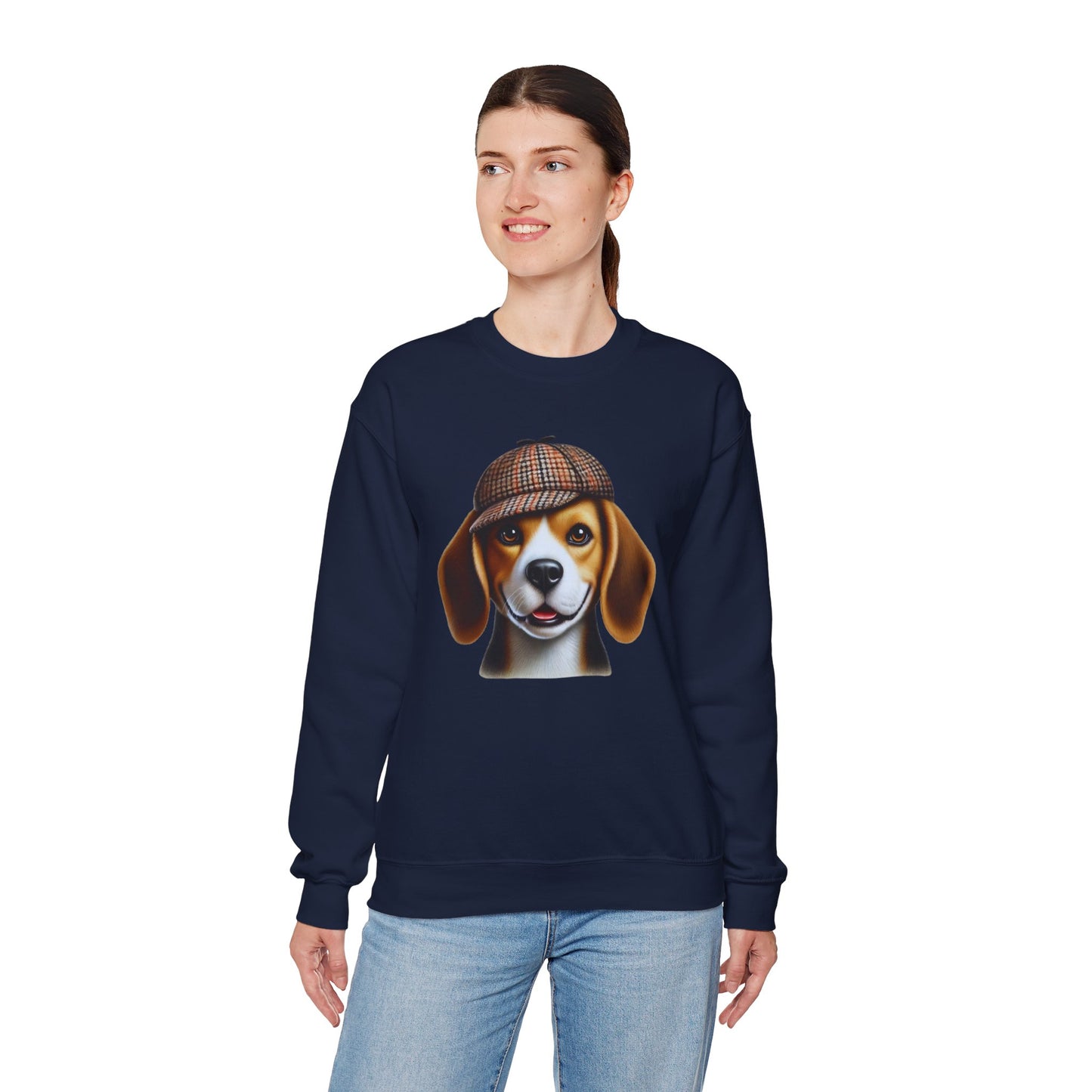 Smiling Beagle Wearing Deerstalker Hat - Adult Crewneck Sweatshirt - Too Cute Pets