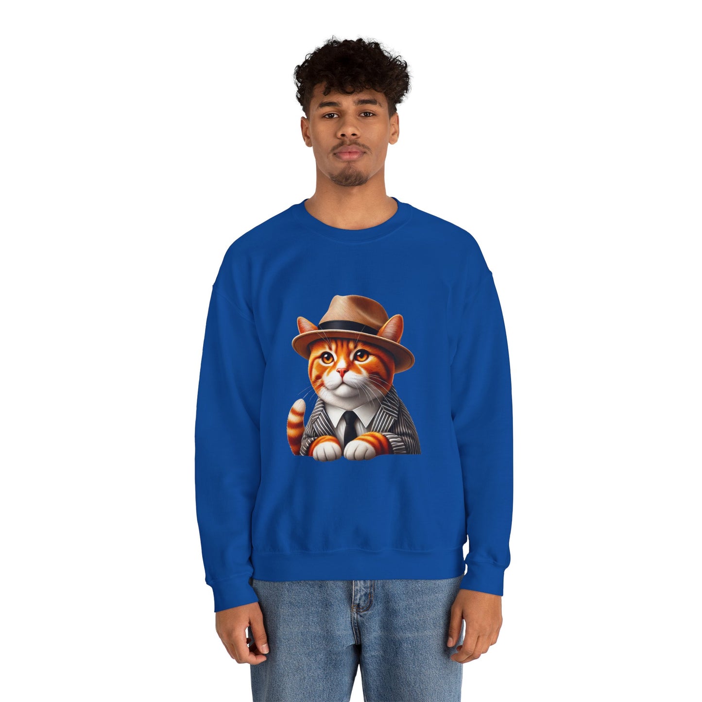 Tabby Cat in Fedora & Suit – Adult Unisex Crewneck Sweatshirt