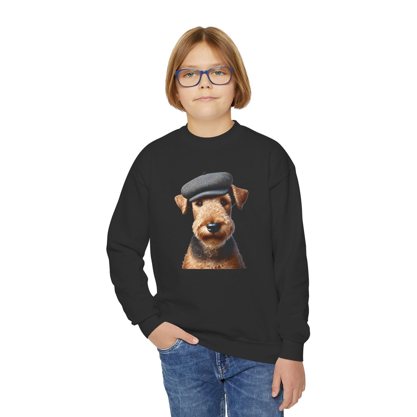 Airedale Terrier Wearing Tweed Flat Cap- Youth Crewneck Sweatshirt - Too Cute Pets