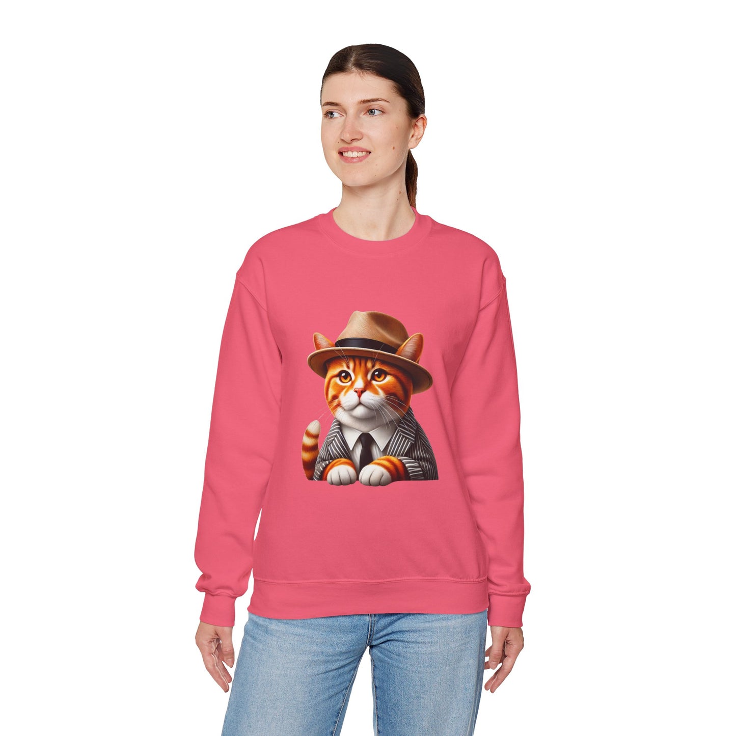 Tabby Cat in Fedora & Suit – Adult Unisex Crewneck Sweatshirt