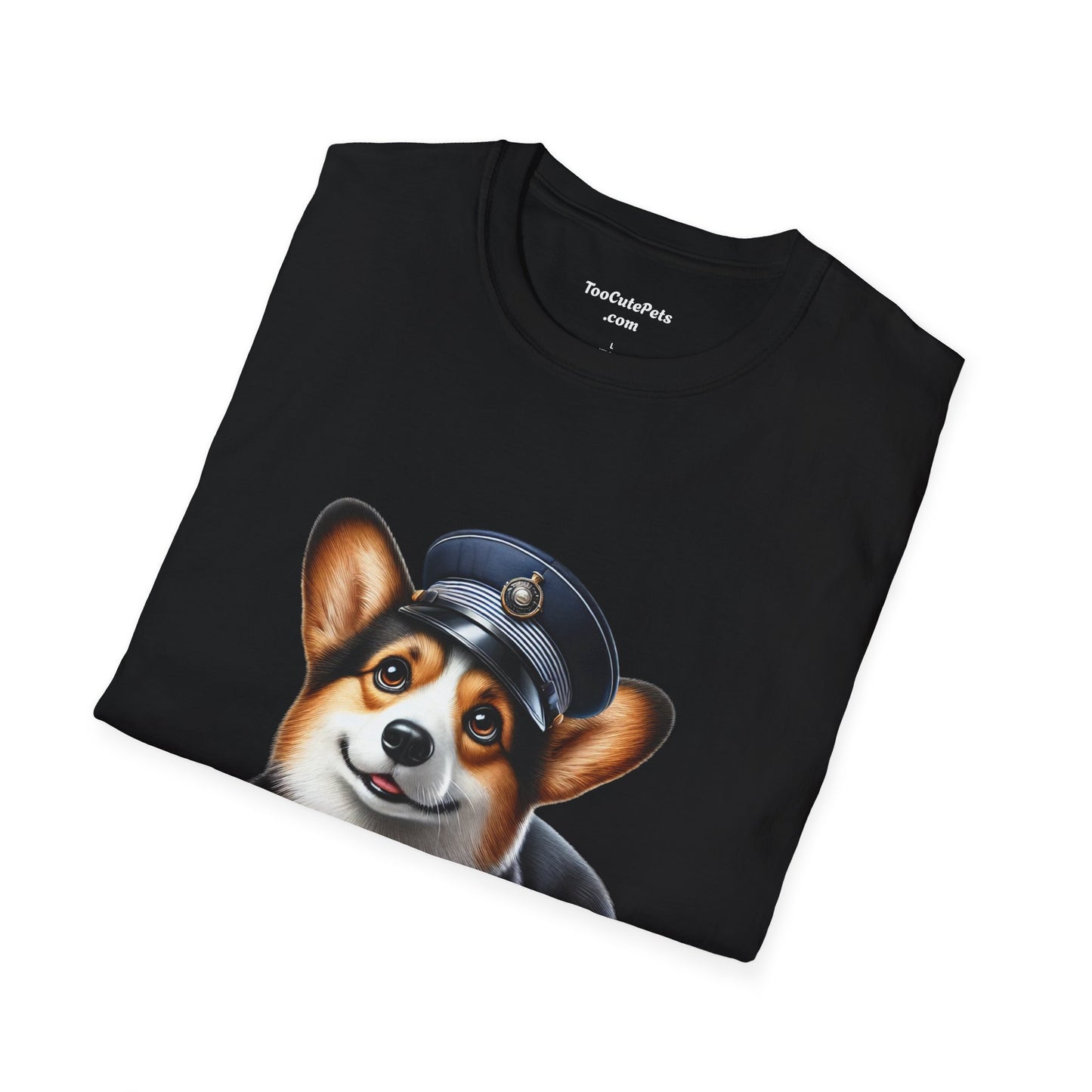 Cute Corgi Wearing A Train Conductors Hat - Adult T-Shirt - Too Cute Pets