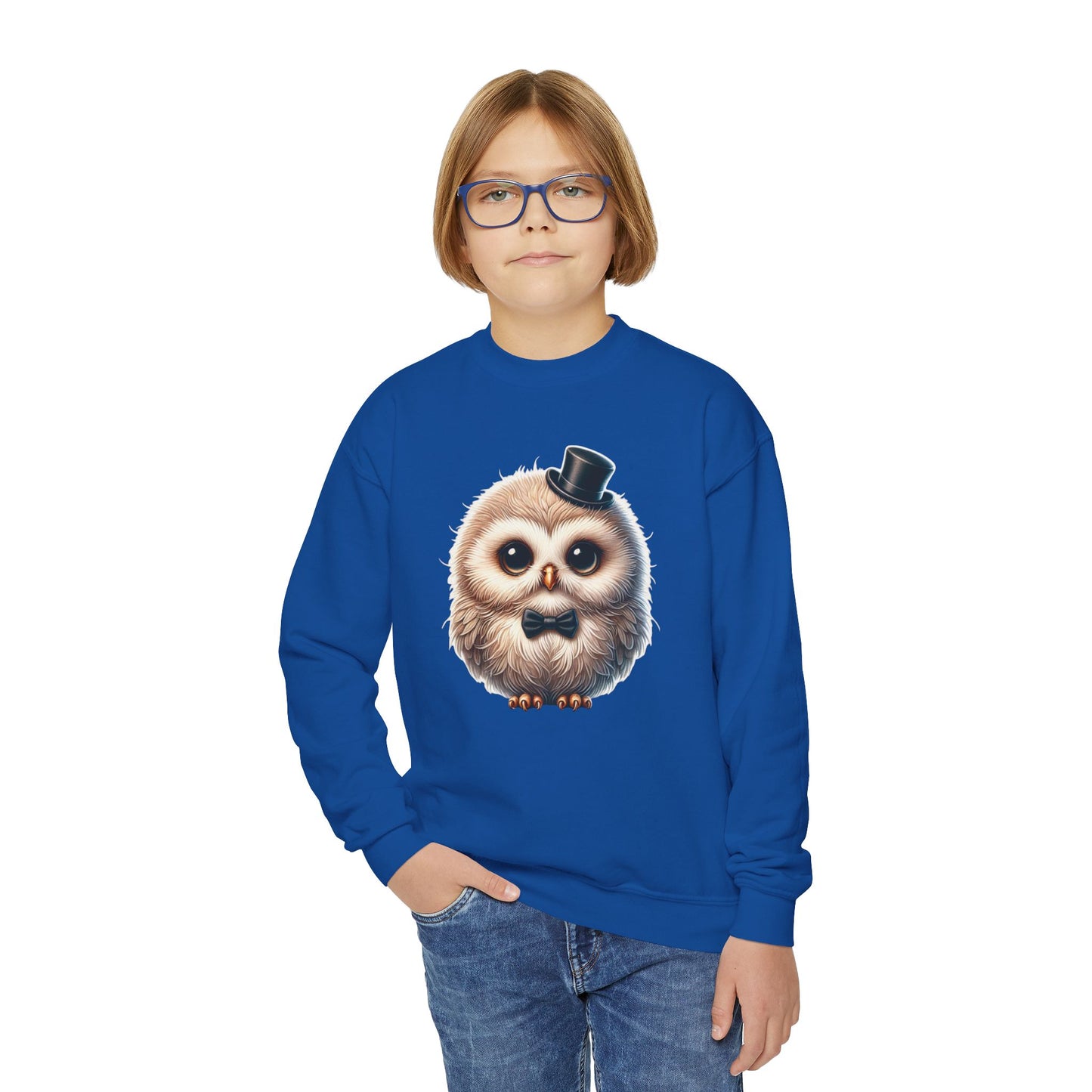 Owl Wearing A Top Hat Youth Crewneck Sweatshirt - Too Cute Pets