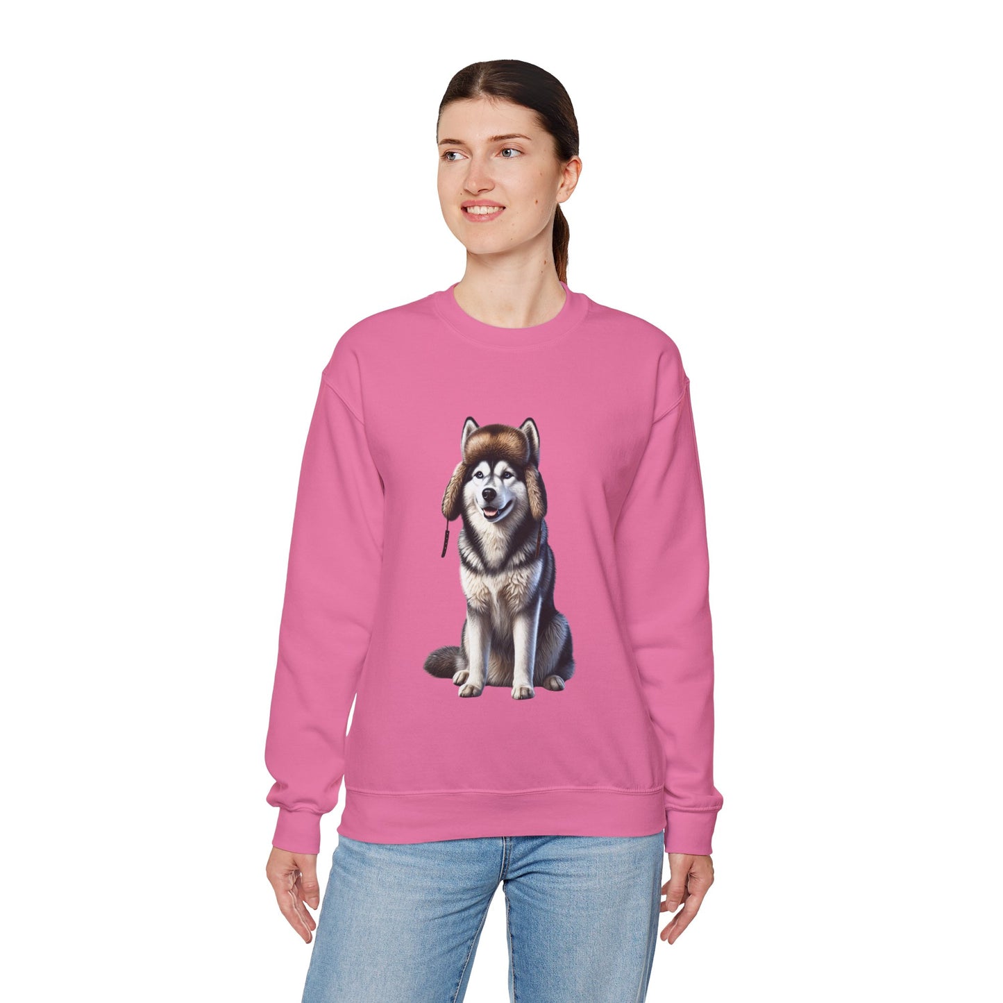 Husky in Fur Trappers Hat - Adult Crewneck Sweatshirt - Too Cute Pets