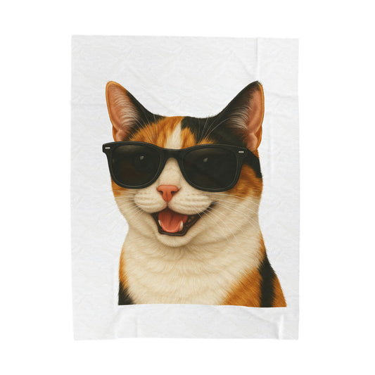 Calico Shorthair Cat Wearing Sunglasses - Sherpa Blanket