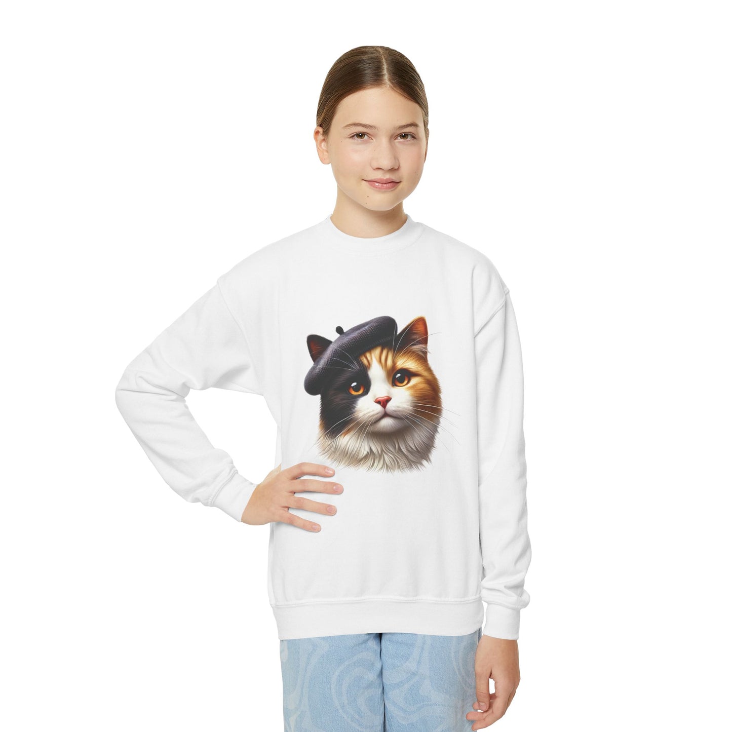 Calico Cat Wearing Beret Sweatshirt - Youth Crewneck Sweatshirt - Too Cute Pets