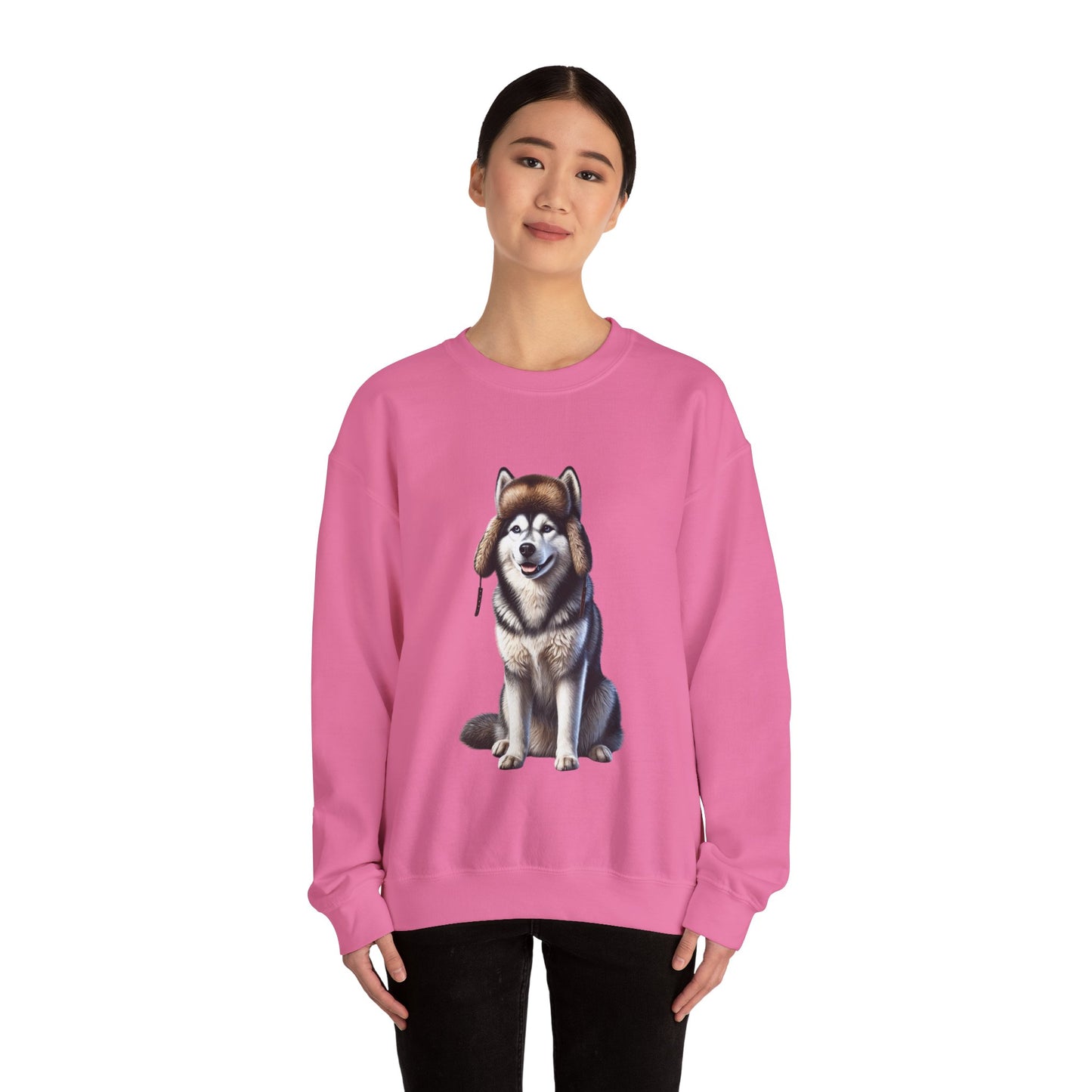 Husky in Fur Trappers Hat - Adult Crewneck Sweatshirt - Too Cute Pets
