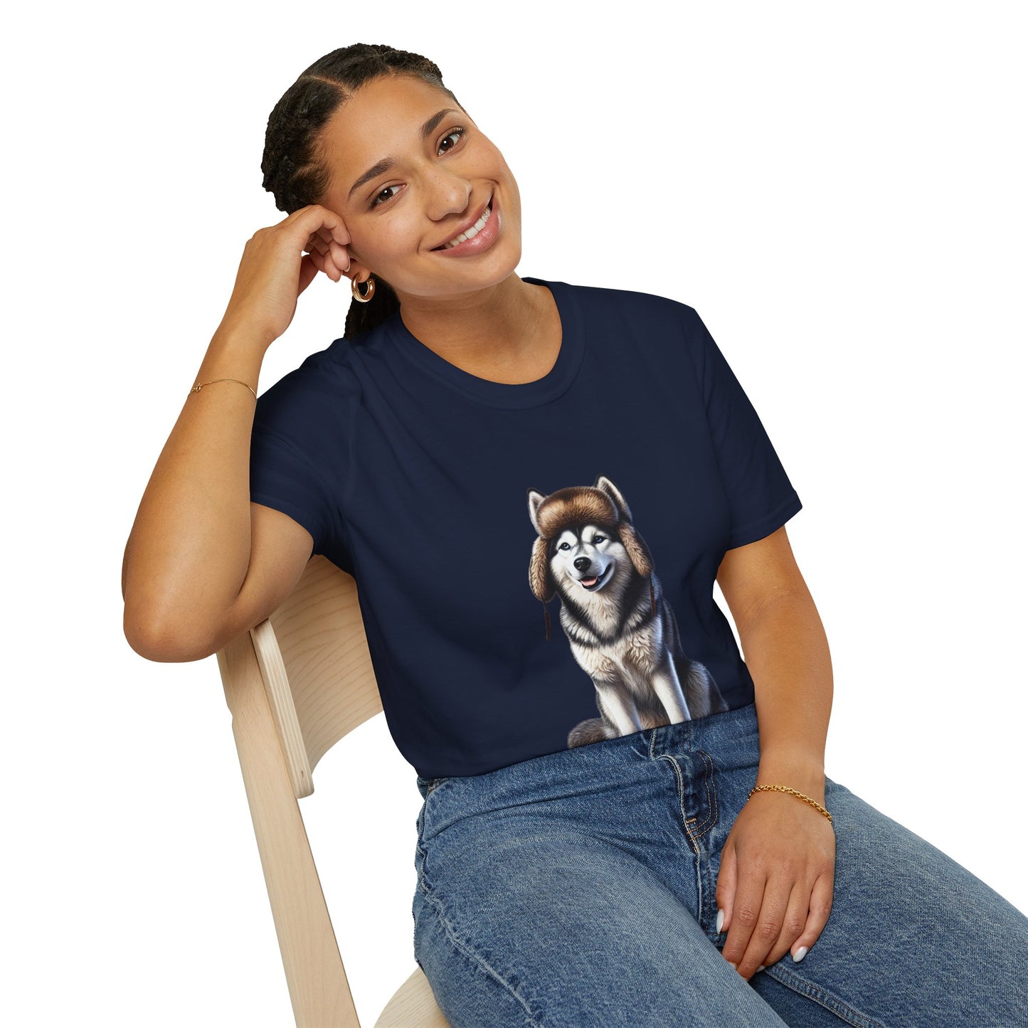 Husky Wearing A Fur Trappers hat- Adult T-Shirt - Too Cute Pets
