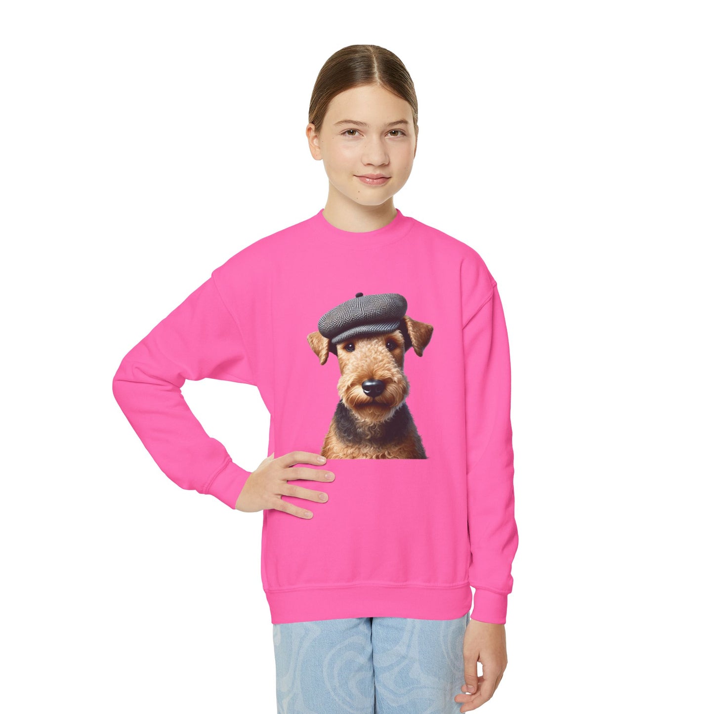 Airedale Terrier Wearing Tweed Flat Cap- Youth Crewneck Sweatshirt - Too Cute Pets