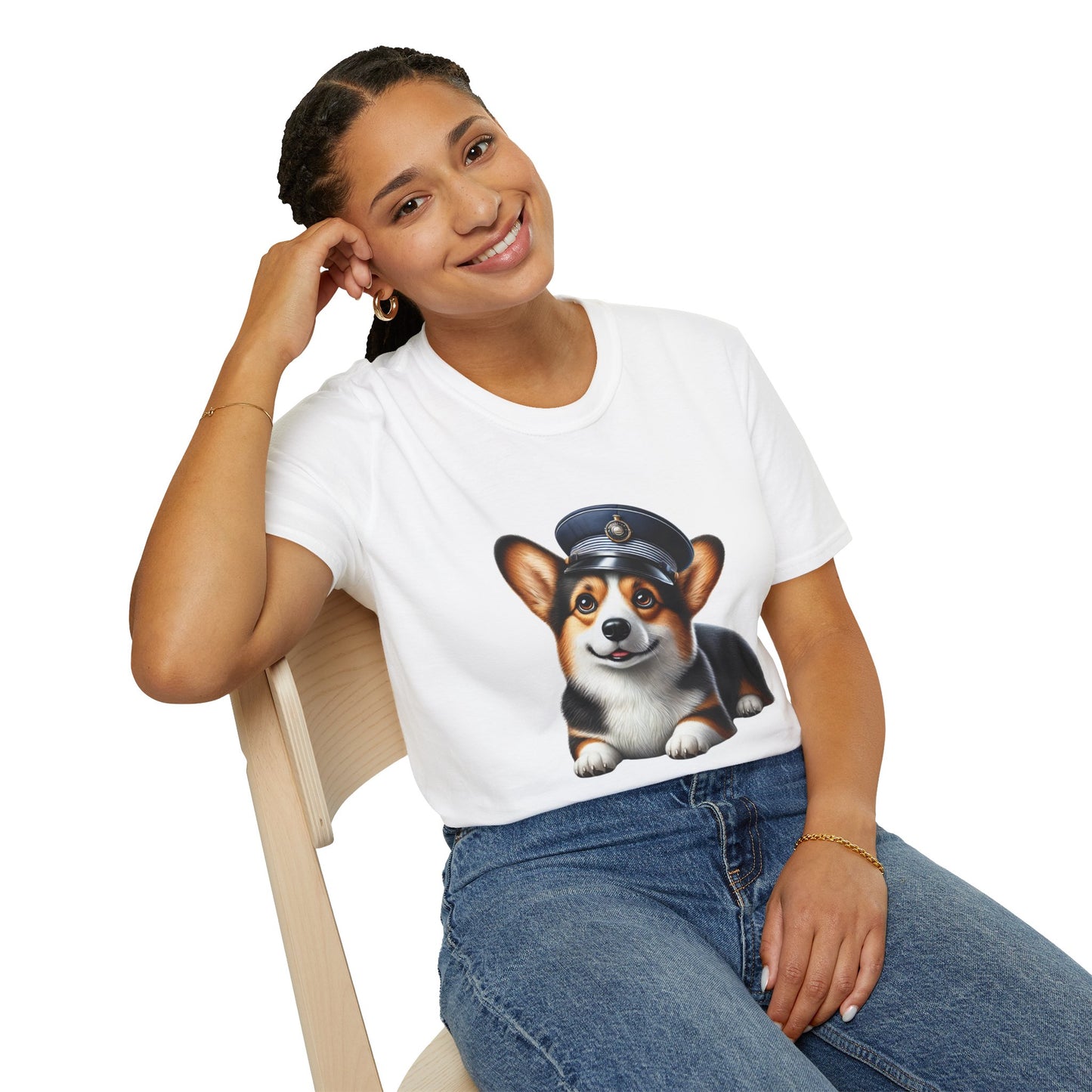 Cute Corgi Wearing A Train Conductors Hat - Adult T-Shirt - Too Cute Pets