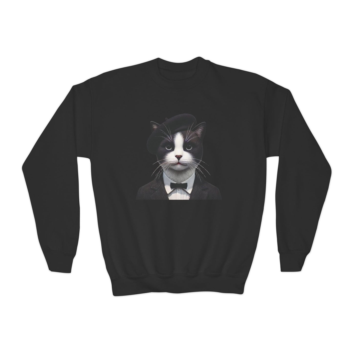 Tuxedo Cat Wearing A Tuxedo And A Beret - Youth Crewneck Sweatshirt - Too Cute Pets