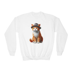 Tabby Kitten With Fedora Hat- Youth Crewneck Sweatshirt - Too Cute Pets