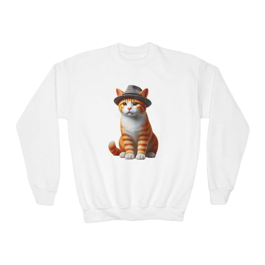 Tabby Kitten With Fedora Hat- Youth Crewneck Sweatshirt