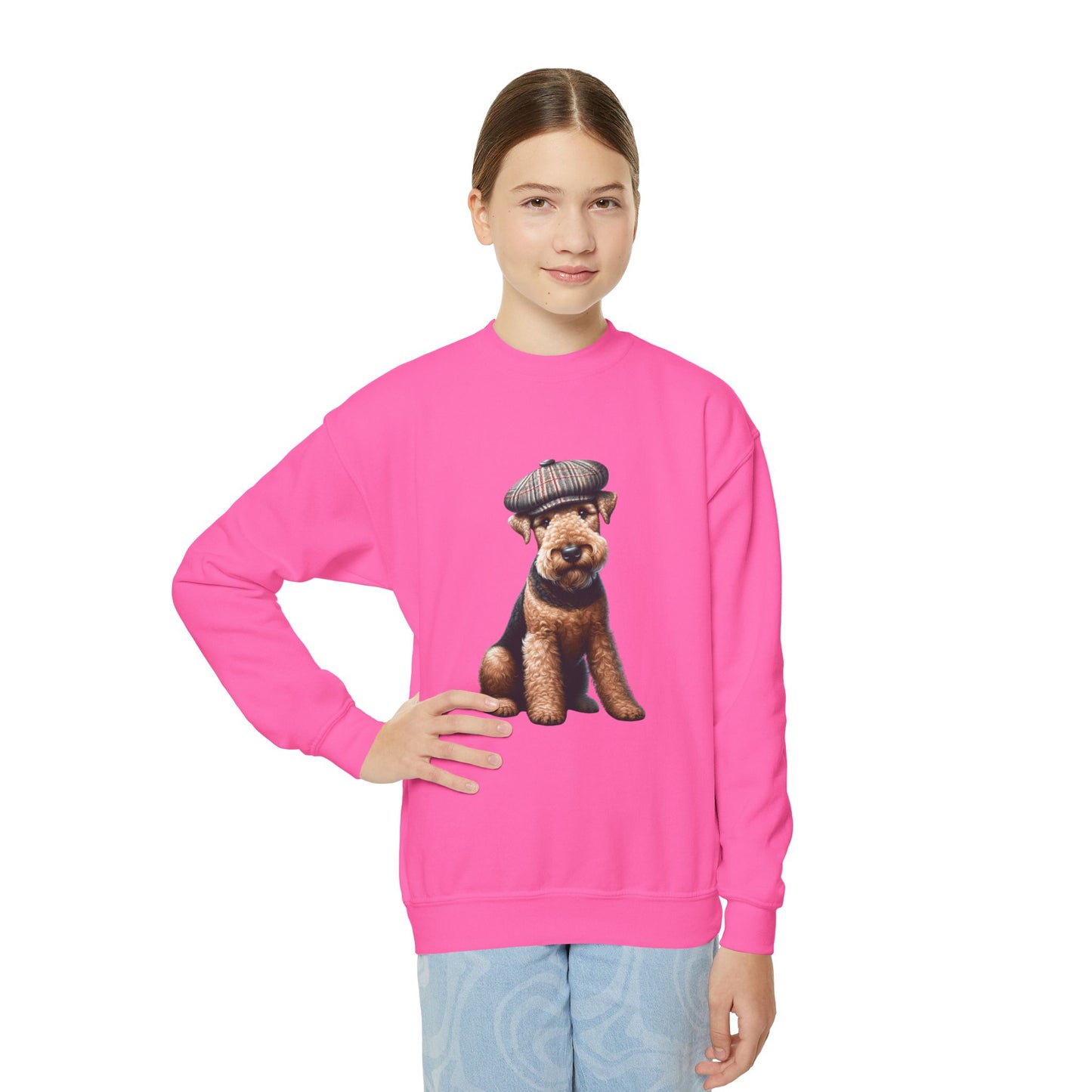 Airedale Terrier Wearing Tweed Flat Cap #2- Youth Crewneck Sweatshirt - Too Cute Pets
