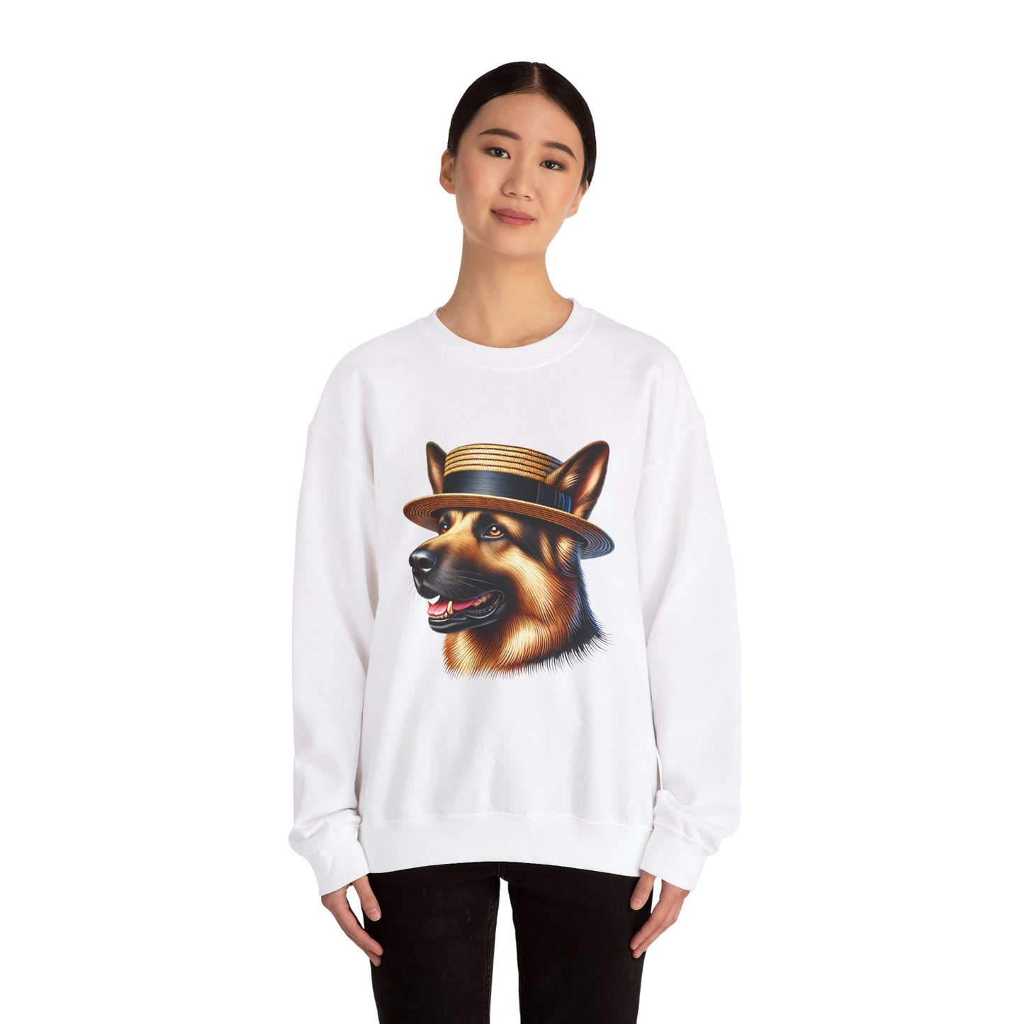 German Shepherd Wearing Boater Hat - Adult Crewneck Sweatshirt - Too Cute Pets