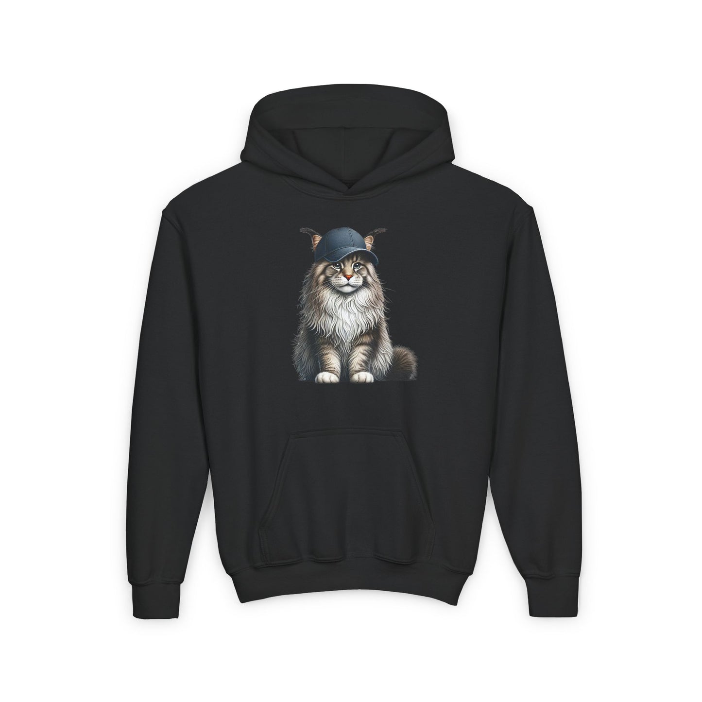 Maine Coon Wearing Baseball Cap - Hooded Youth Sweatshirt - Too Cute Pets