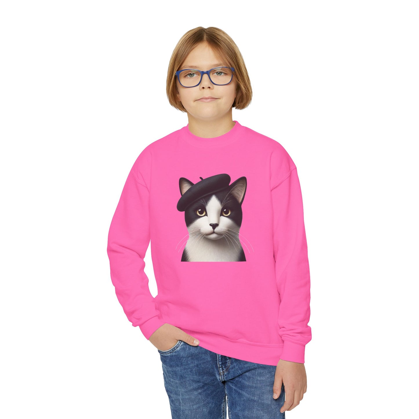 Tuxedo Cat Wearing A Beret - Youth Crewneck Sweatshirt - Too Cute Pets