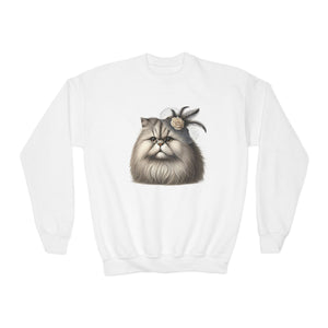 Persian Cat Wearing Fascinator Hat - Youth Crewneck Sweatshirt - Too Cute Pets