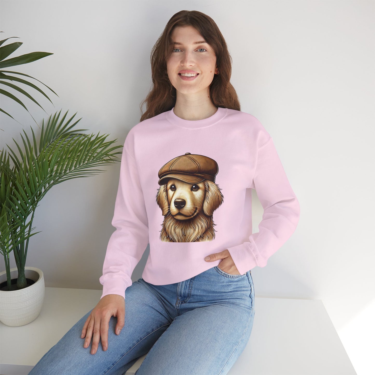 Golden Retriever In Newsboy Hat - Adult Crewneck Sweatshirt - Too Cute Pets