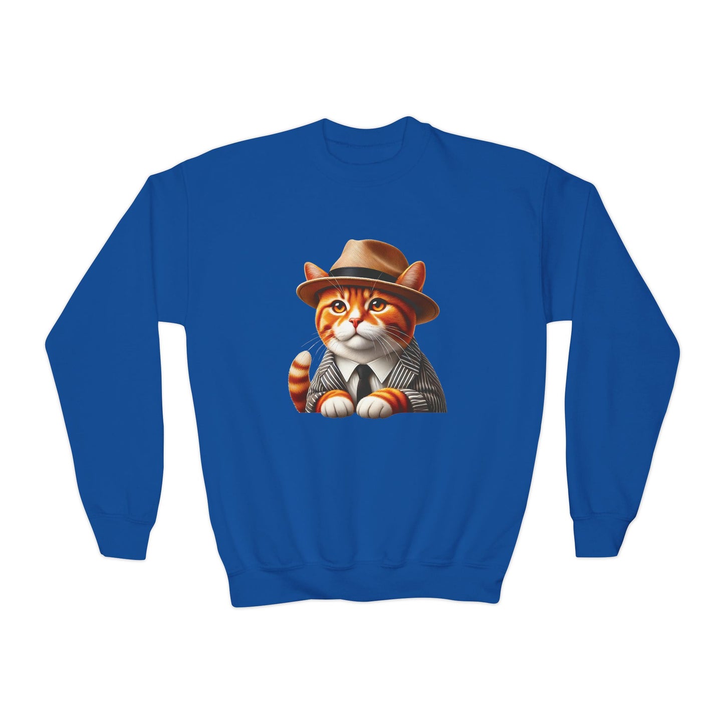 Tabby Cat Dressed In A Suit and Fedora Hat Youth Crewneck Sweatshirt - Too Cute Pets