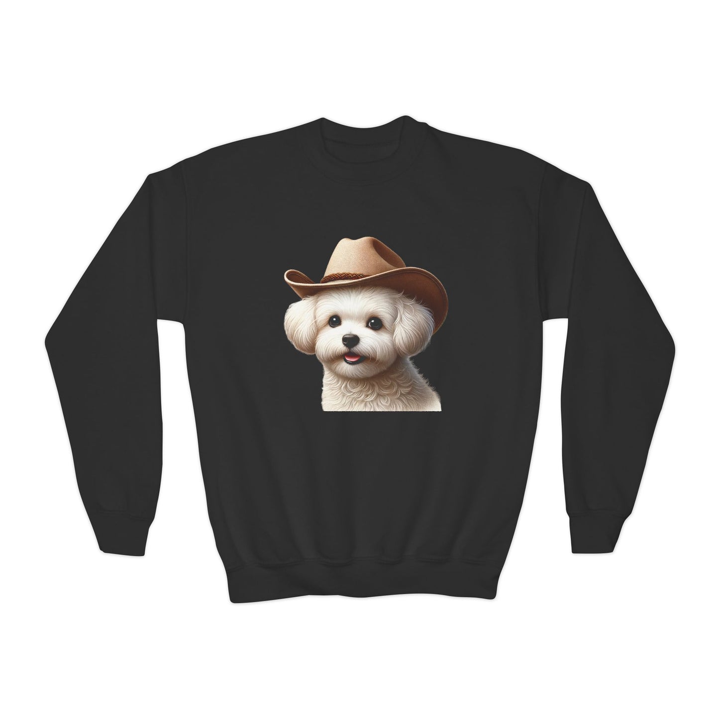 Maltese Wearing Cowboy Hat Youth Crewneck Sweatshirt - Too Cute Pets