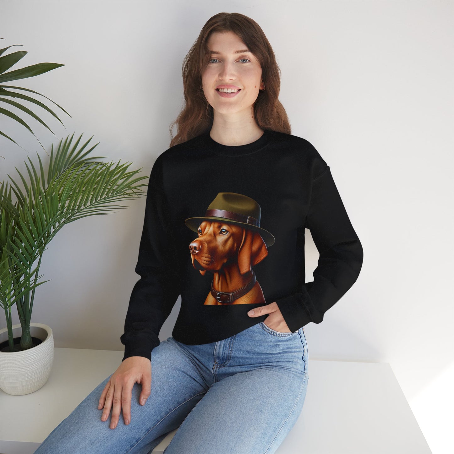 Dashing Vizsla Wearing A Campaign Hat- Adult Crewneck Sweatshirt - Too Cute Pets