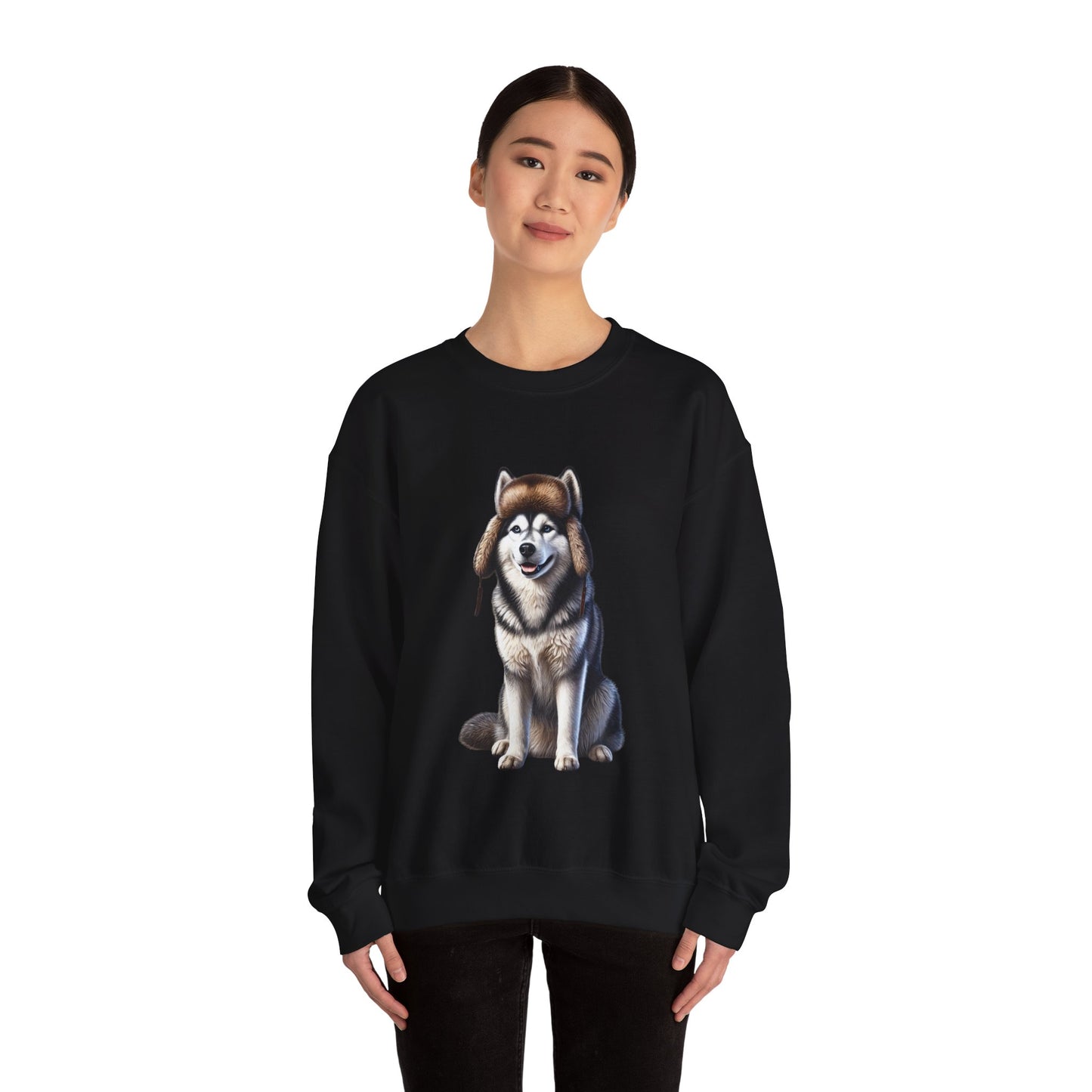 Husky in Fur Trappers Hat - Adult Crewneck Sweatshirt - Too Cute Pets