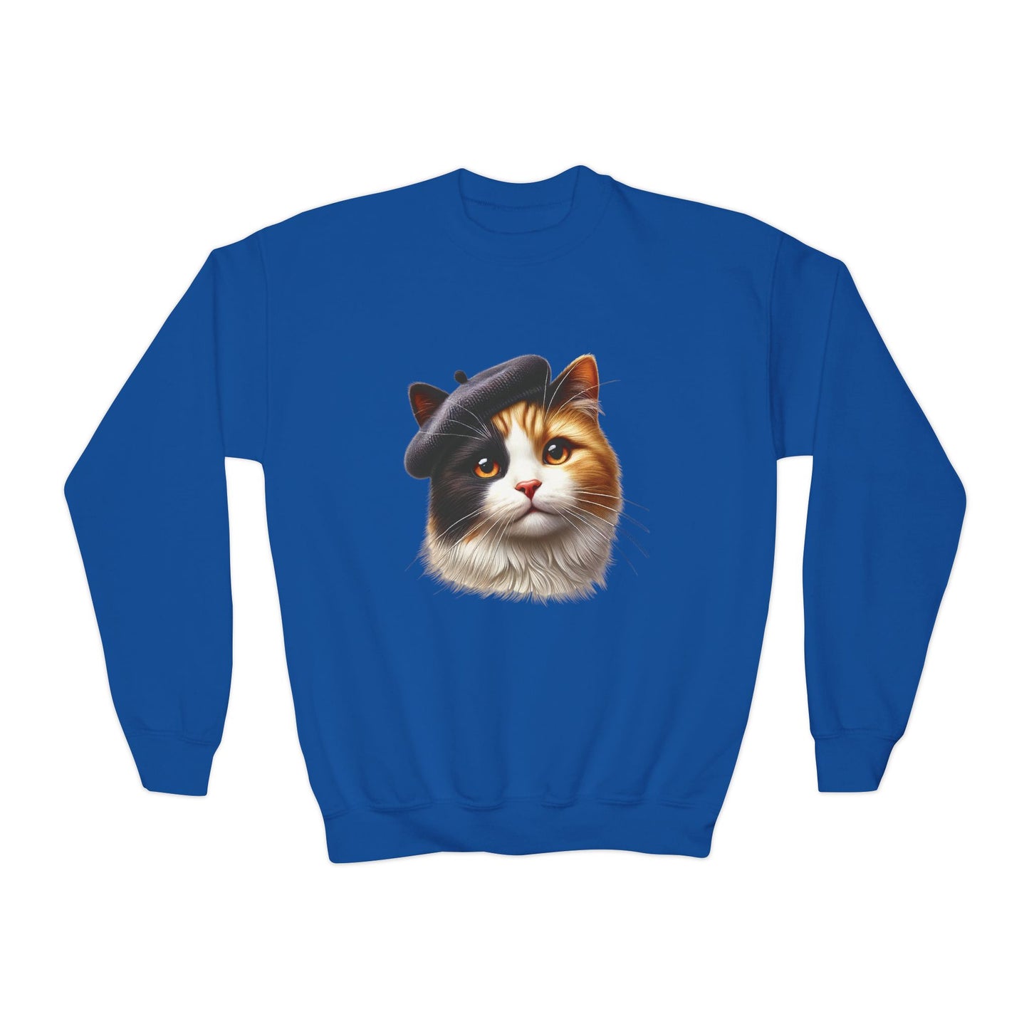 Calico Cat Wearing Beret Sweatshirt - Youth Crewneck Sweatshirt - Too Cute Pets