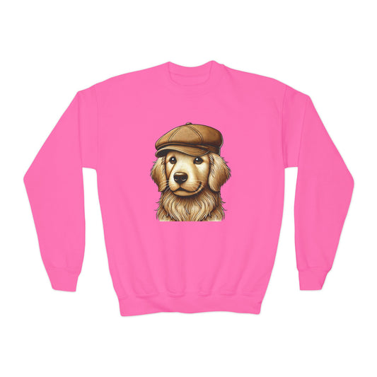 Golden Retriever Wearing Newsboy Hat - Youth Crewneck Sweatshirt