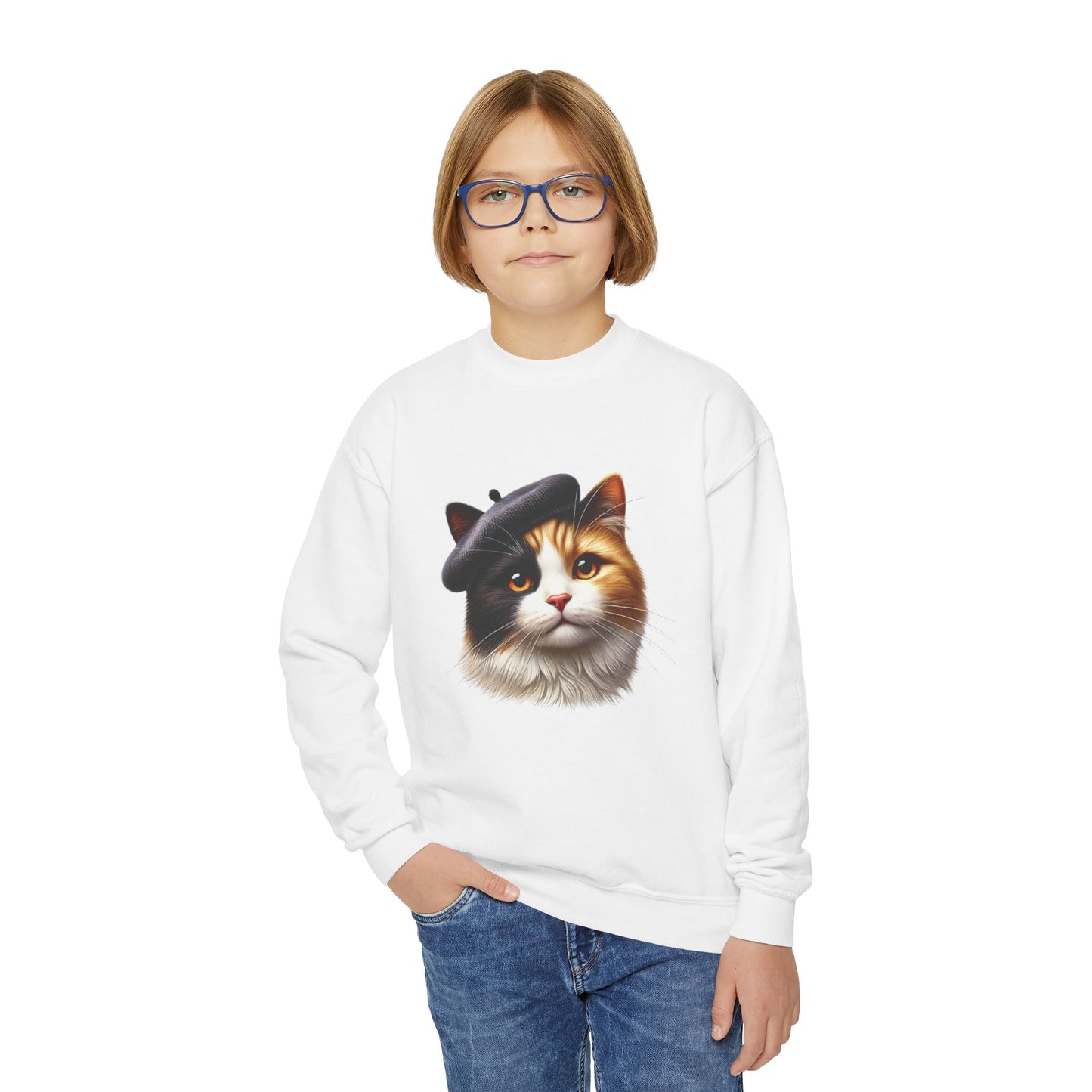 Calico Cat Wearing Beret Sweatshirt - Youth Crewneck Sweatshirt - Too Cute Pets