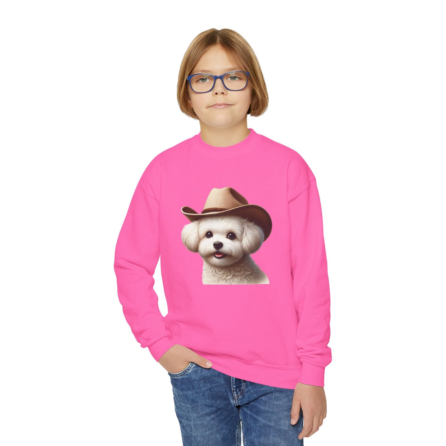 Maltese Wearing Cowboy Hat Youth Crewneck Sweatshirt - Too Cute Pets
