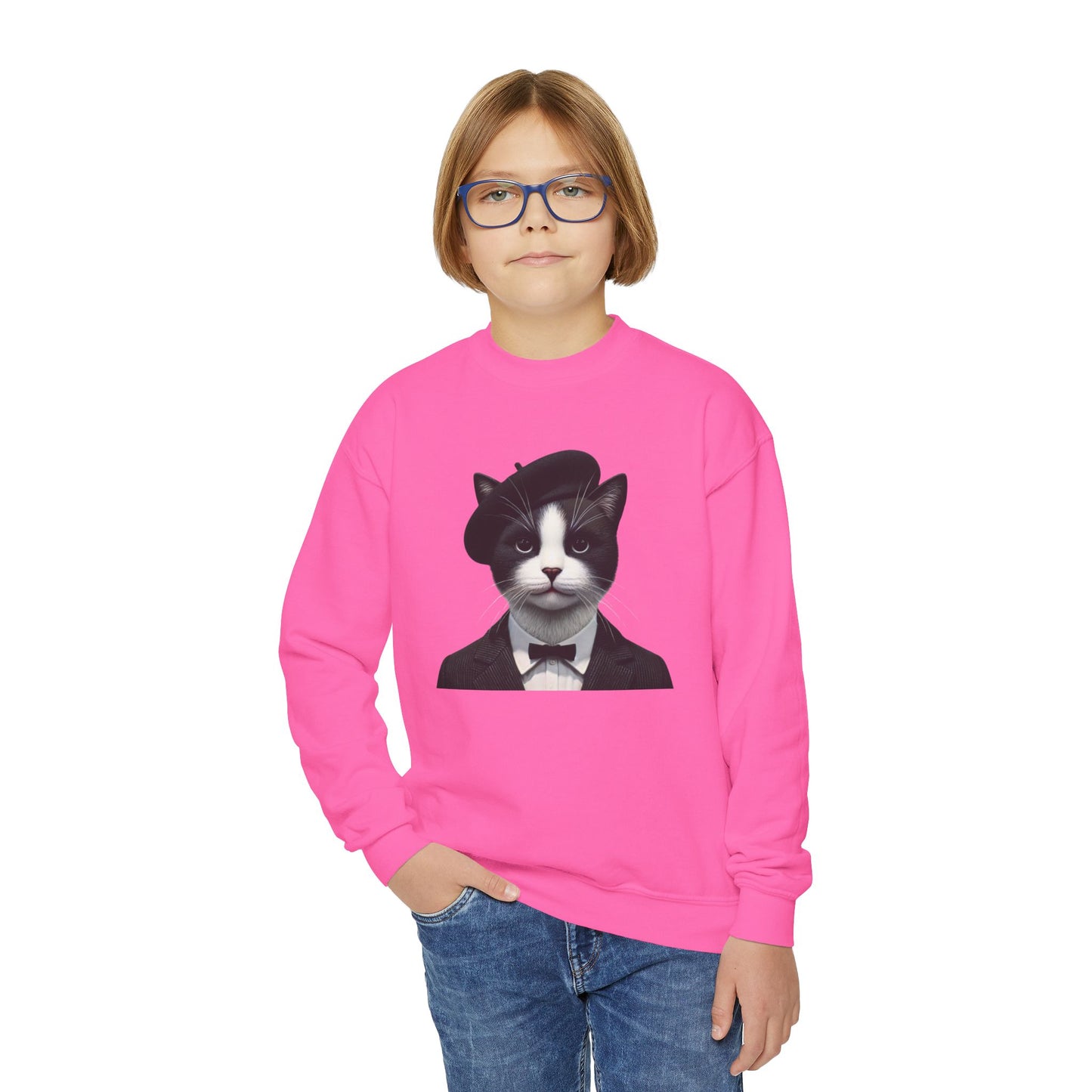Tuxedo Cat Wearing A Tuxedo And A Beret - Youth Crewneck Sweatshirt - Too Cute Pets