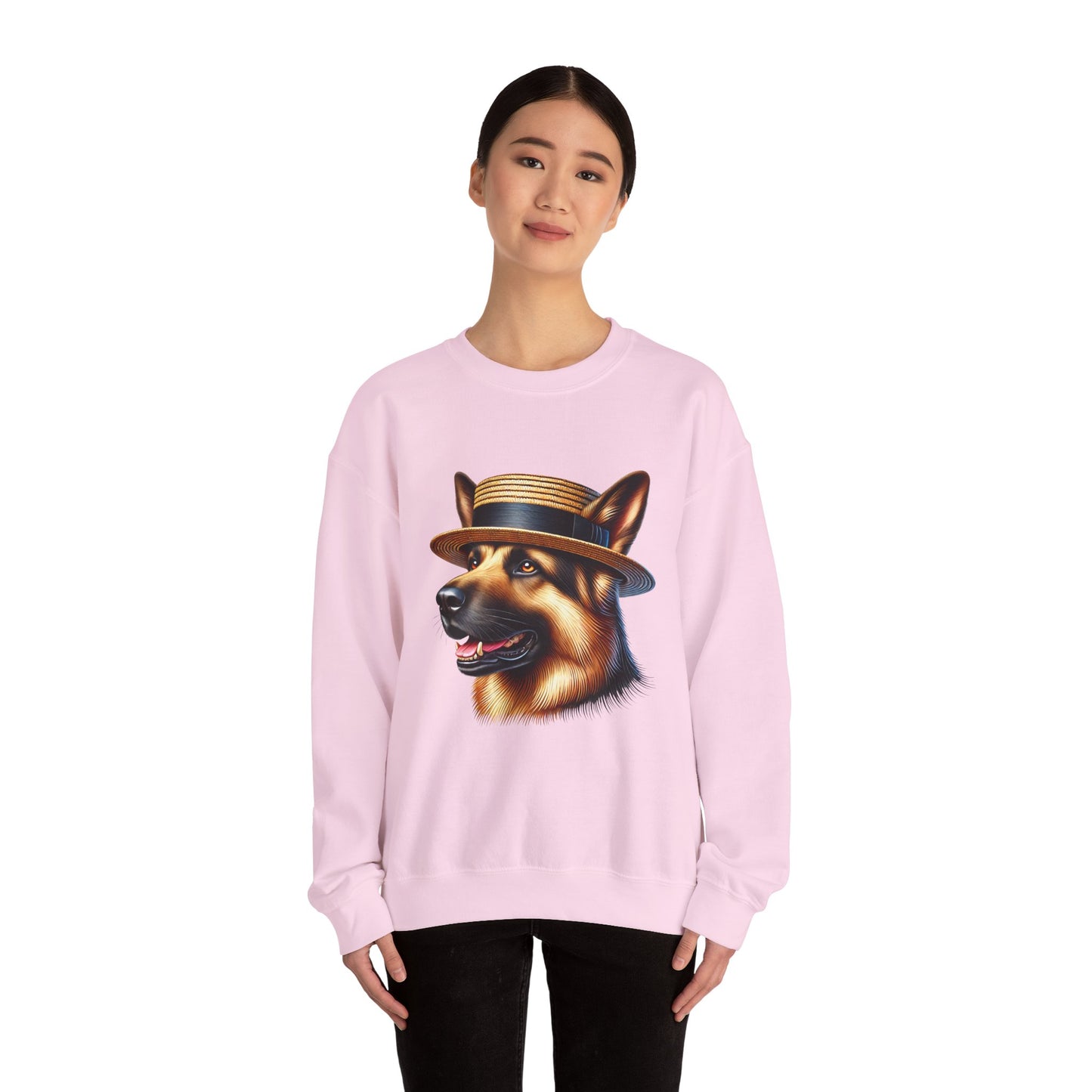 German Shepherd Wearing Boater Hat - Adult Crewneck Sweatshirt - Too Cute Pets