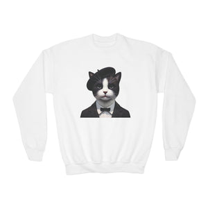 Tuxedo Cat Wearing A Tuxedo And A Beret - Youth Crewneck Sweatshirt - Too Cute Pets