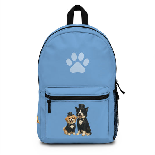 Kids Backpack - Cute Dogs Wearing Tuxedos and Top Hats Bookbag with Paw Designs, Light Blue, Free Shipping