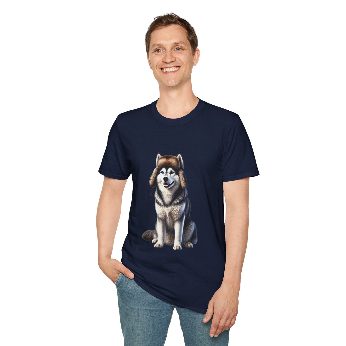 Husky Wearing A Fur Trappers hat- Adult T-Shirt - Too Cute Pets