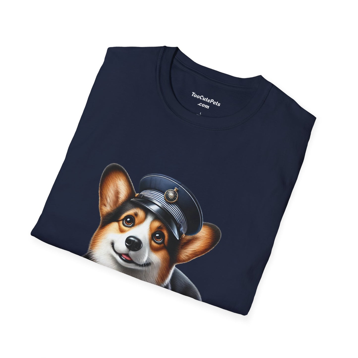 Cute Corgi Wearing A Train Conductors Hat - Adult T-Shirt - Too Cute Pets