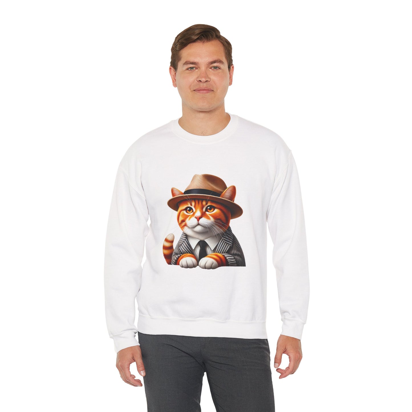 Tabby Cat in Fedora & Suit – Adult Unisex Crewneck Sweatshirt