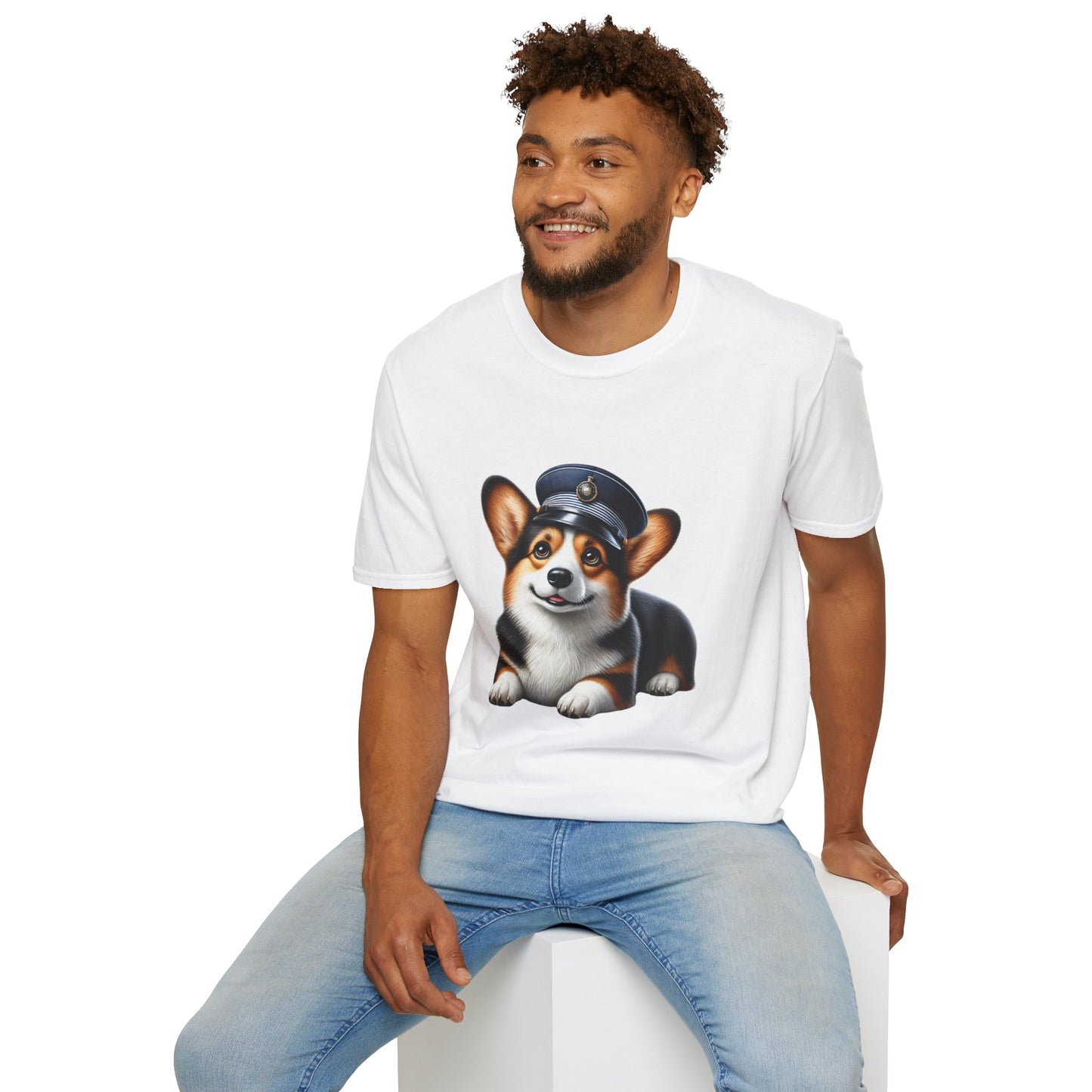 Cute Corgi Wearing A Train Conductors Hat - Adult T-Shirt - Too Cute Pets