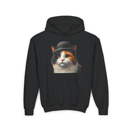 Calico Cat Wearing A Bowler Hat - Youth Hoodie