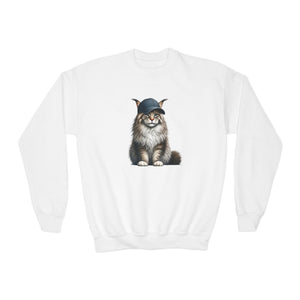 Maine Coon Wearing Baseball Cap - Youth Crewneck Sweatshirt - Too Cute Pets