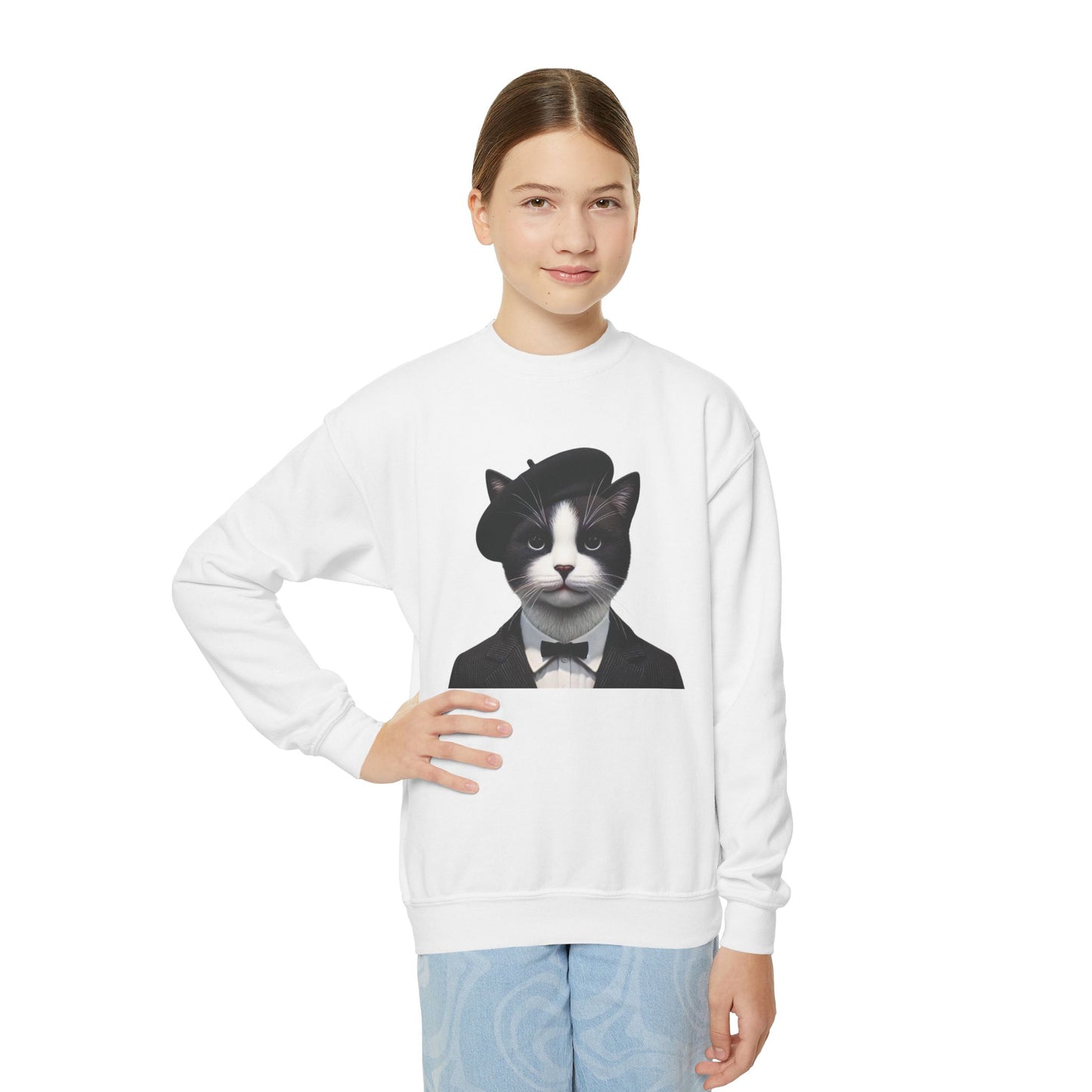 Tuxedo Cat Wearing A Tuxedo And A Beret - Youth Crewneck Sweatshirt - Too Cute Pets