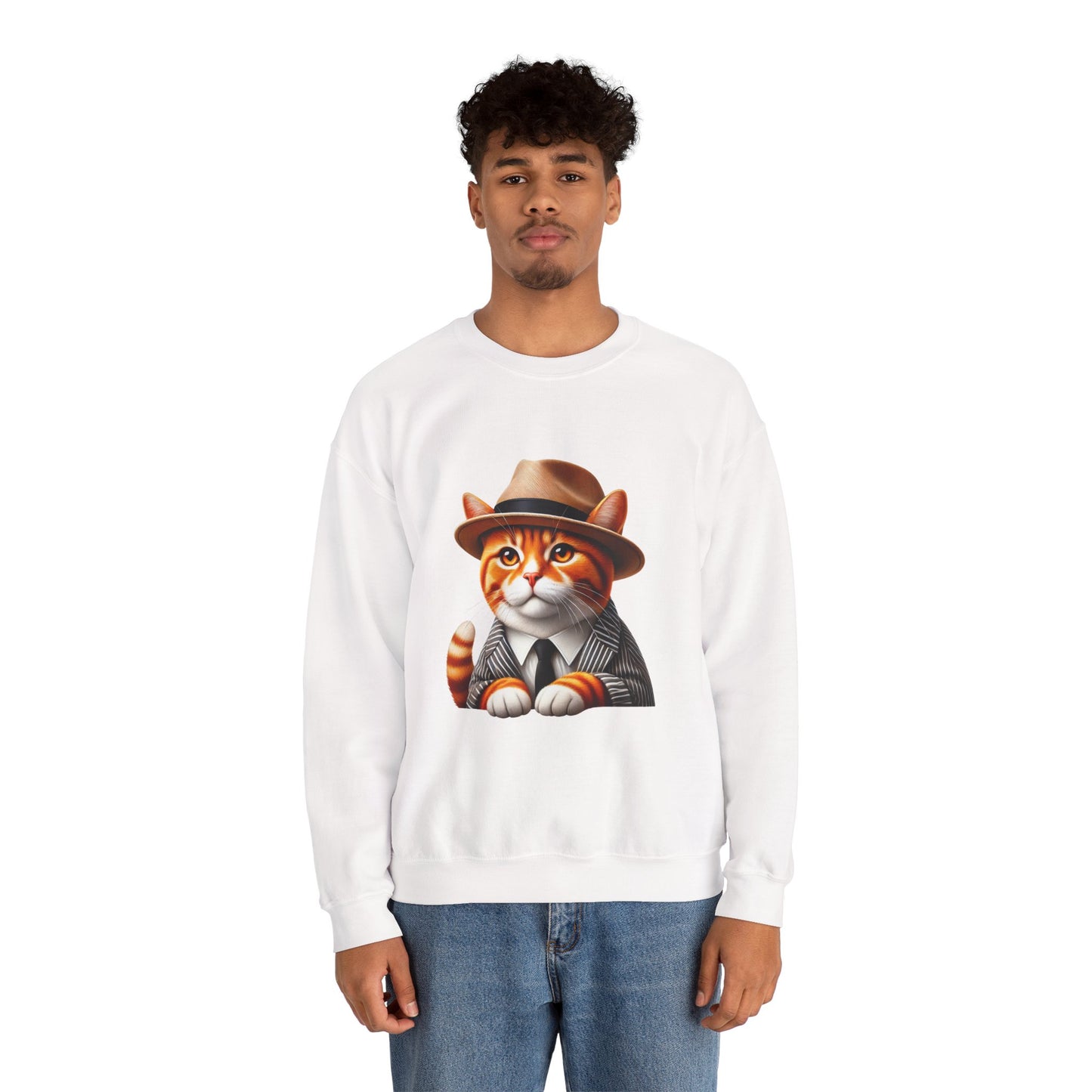 Tabby Cat in Fedora & Suit – Adult Unisex Crewneck Sweatshirt