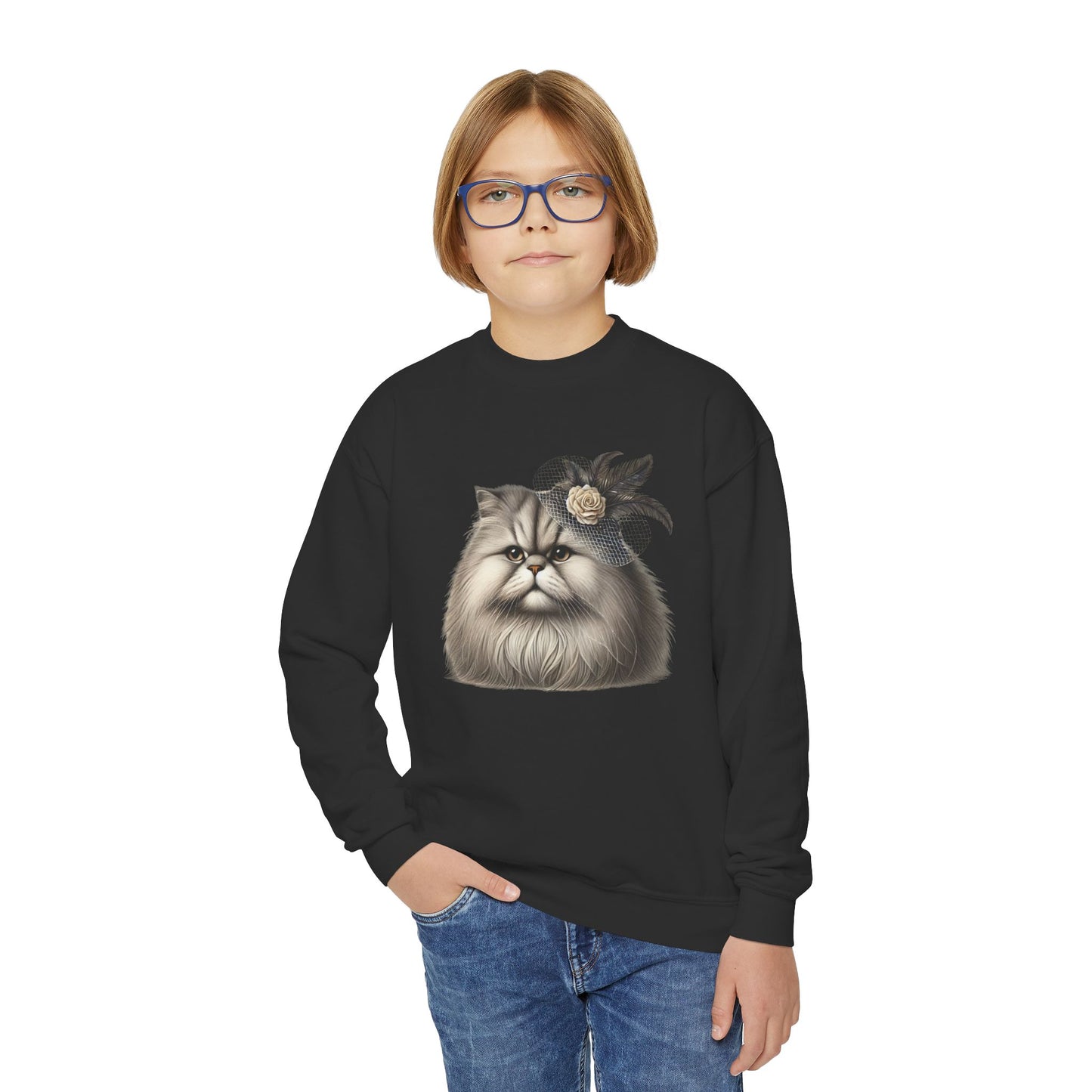 Persian Cat Wearing Fascinator Hat - Youth Crewneck Sweatshirt - Too Cute Pets