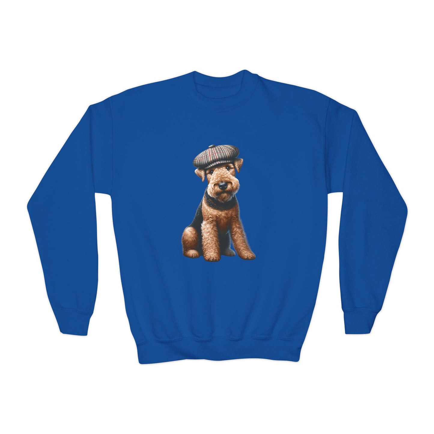 Airedale Terrier Wearing Tweed Flat Cap #2- Youth Crewneck Sweatshirt - Too Cute Pets