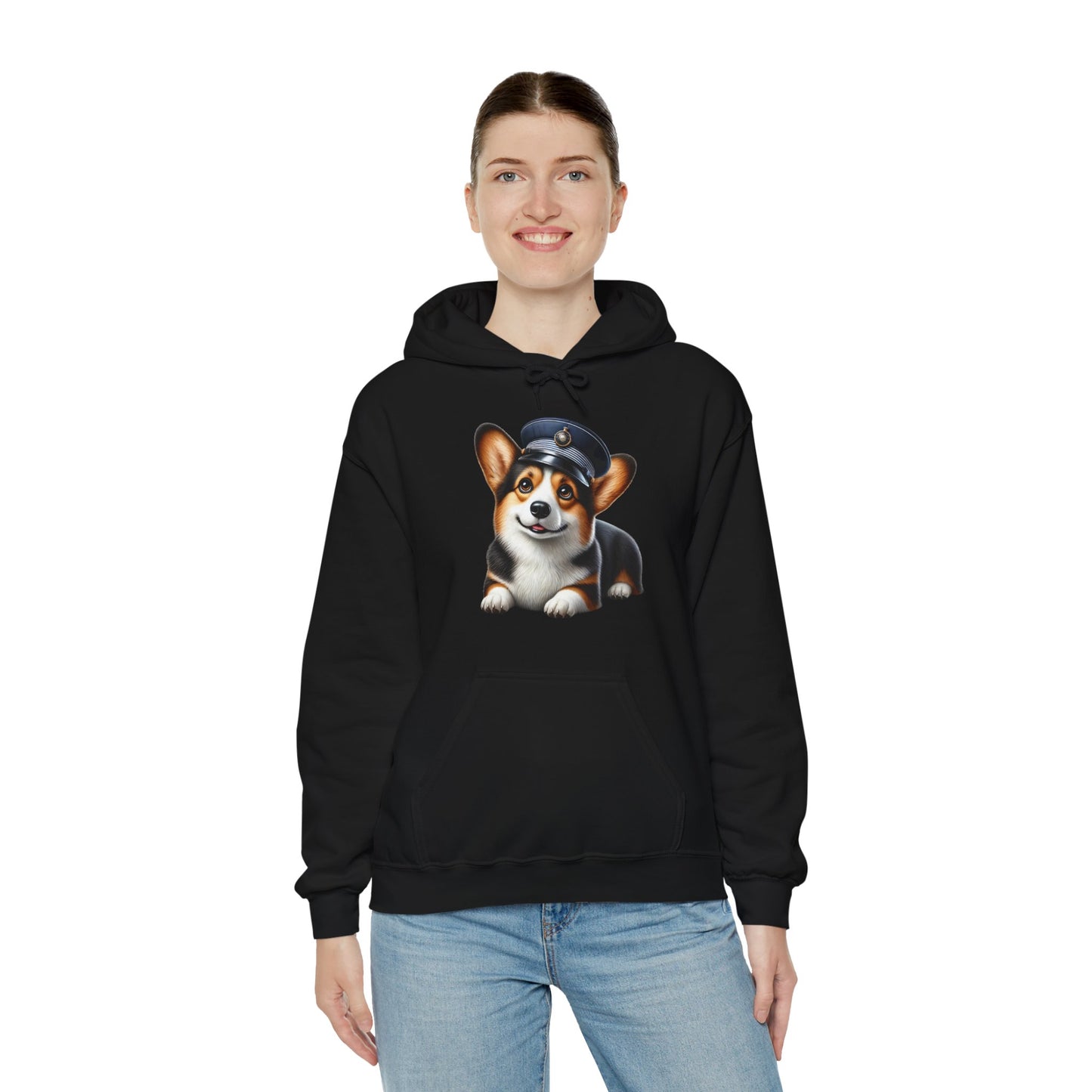 Cute Corgi Wearing A Train Conductors Hat - Adult Hoodie - Too Cute Pets