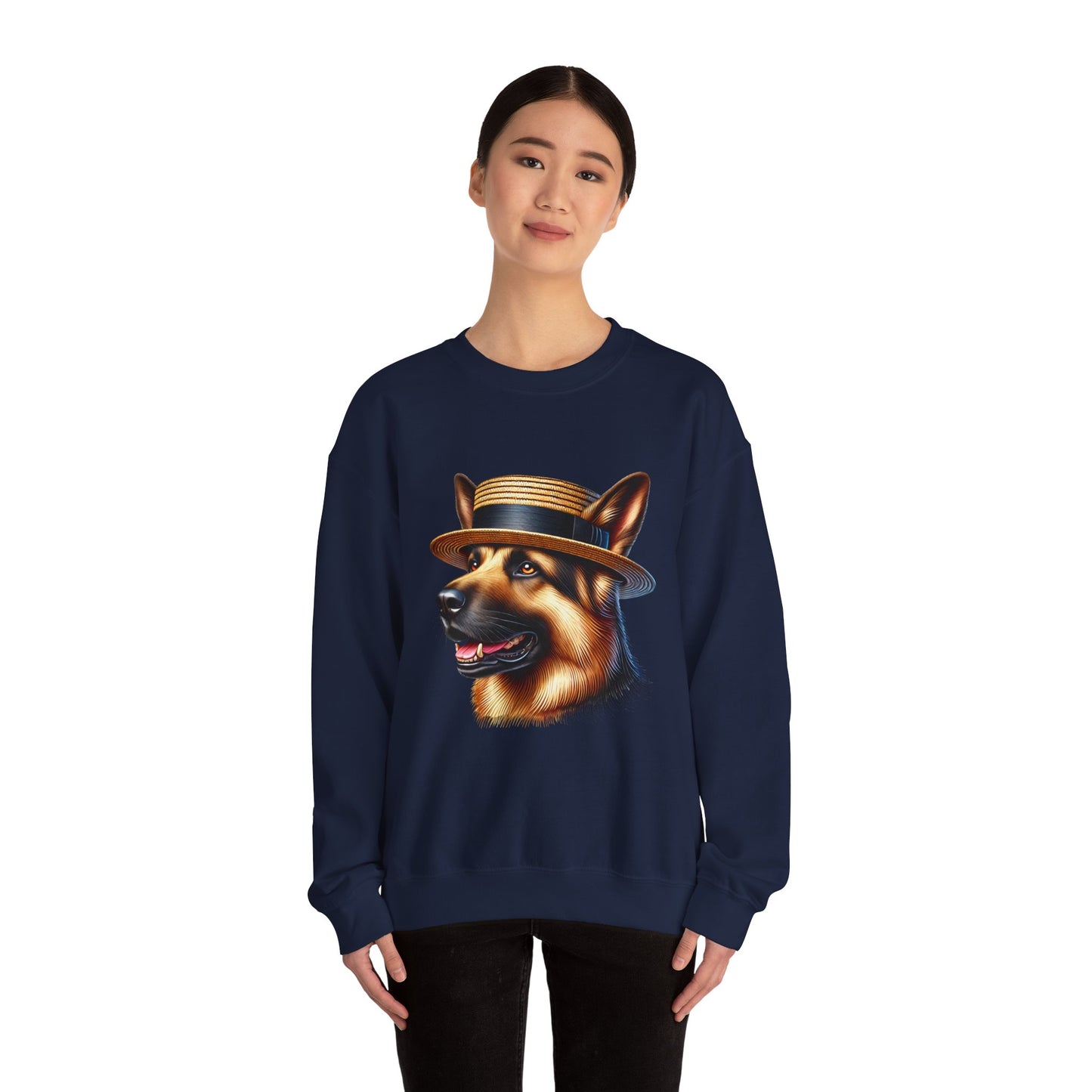 German Shepherd Wearing Boater Hat - Adult Crewneck Sweatshirt - Too Cute Pets