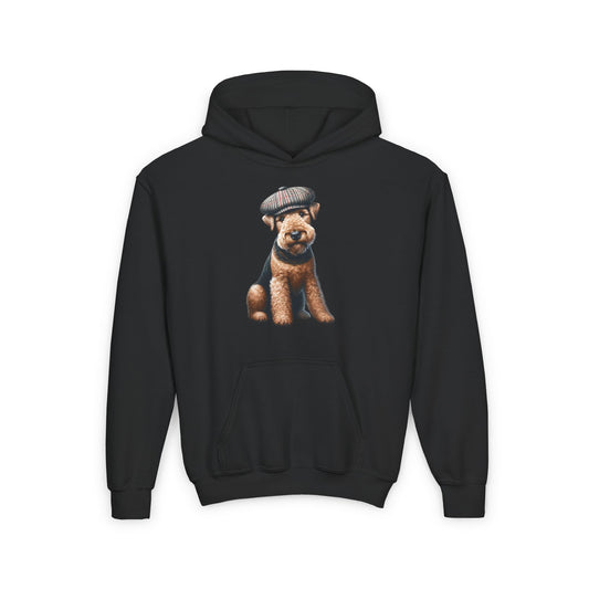 Aerdale Terrier Wearing Tweed Flat Cap #2- Youth Hoodie - Too Cute Pets